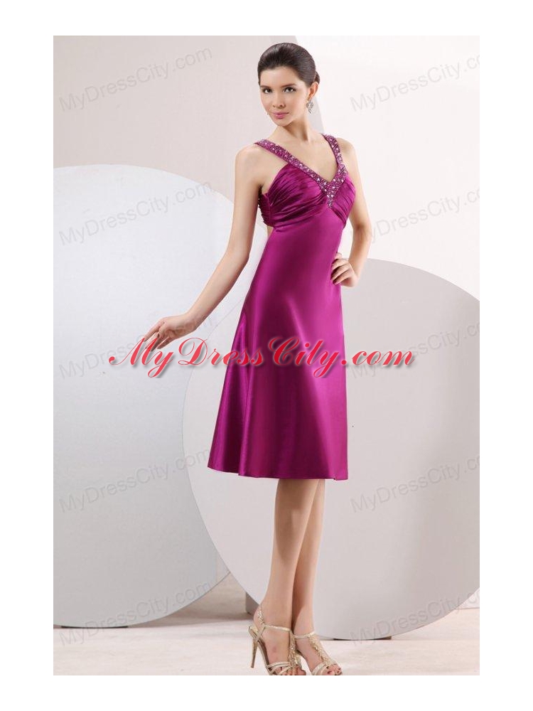 Fuchsia Beading Straps Short Prom Dress with Ruching