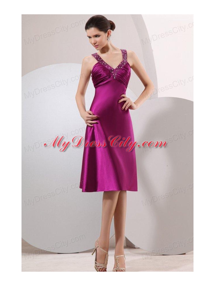 Fuchsia Beading Straps Short Prom Dress with Ruching