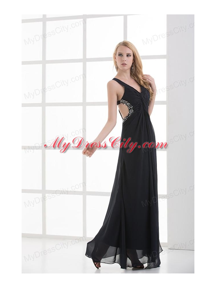 High Slit Straps Black Ankel-length Beading and Ruching Prom Dress