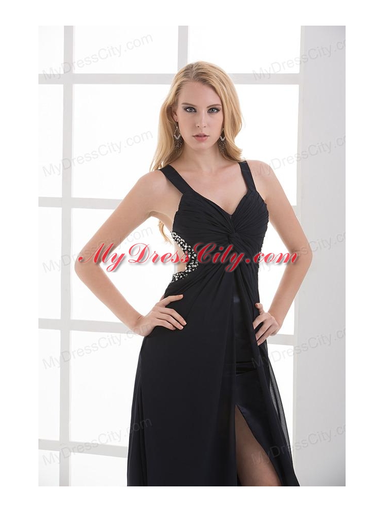 High Slit Straps Black Ankel-length Beading and Ruching Prom Dress