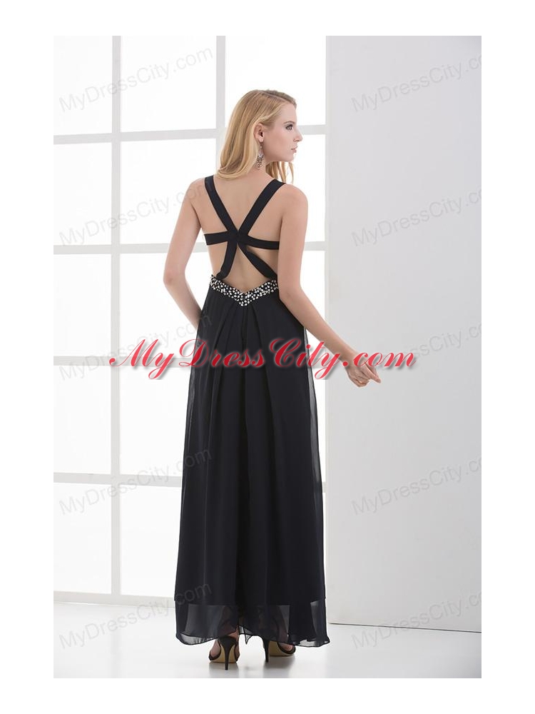 High Slit Straps Black Ankel-length Beading and Ruching Prom Dress