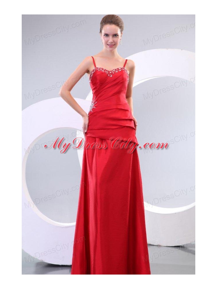 Inexpensive Column Straps Floor-length Beading and Ruching Lace Up Prom Dress in Red