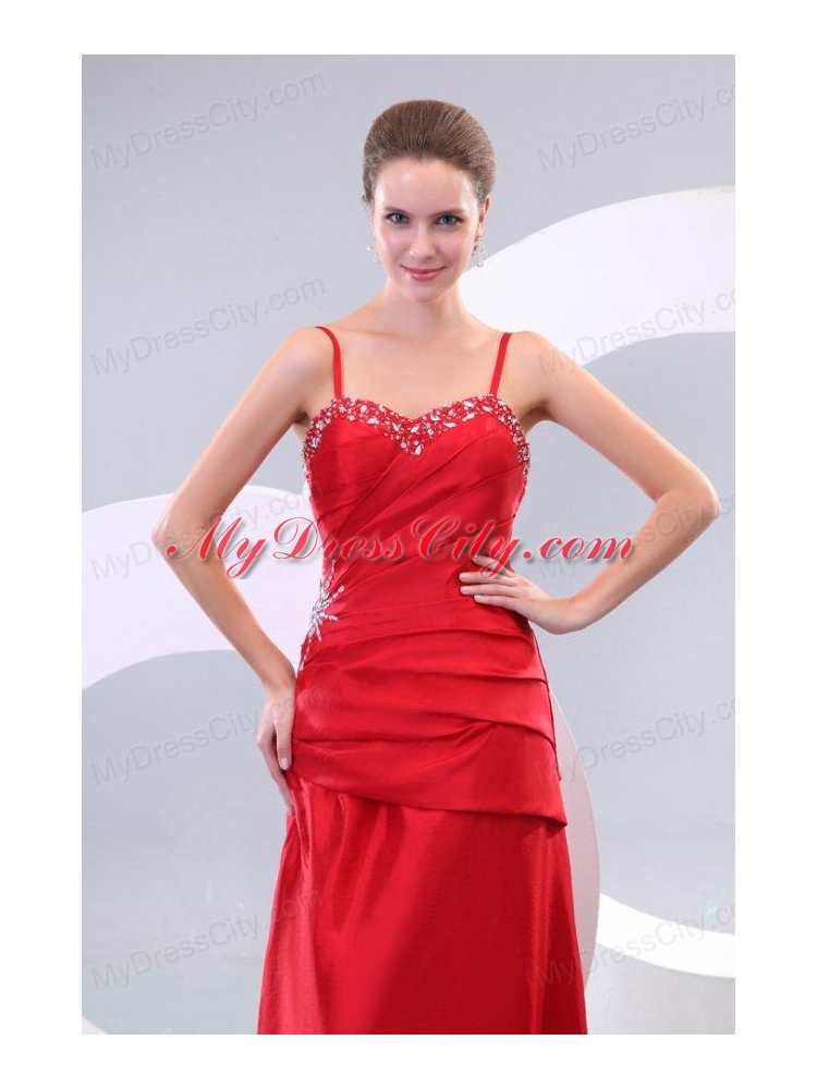 Inexpensive Column Straps Floor-length Beading and Ruching Lace Up Prom Dress in Red