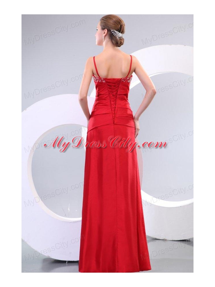 Inexpensive Column Straps Floor-length Beading and Ruching Lace Up Prom Dress in Red