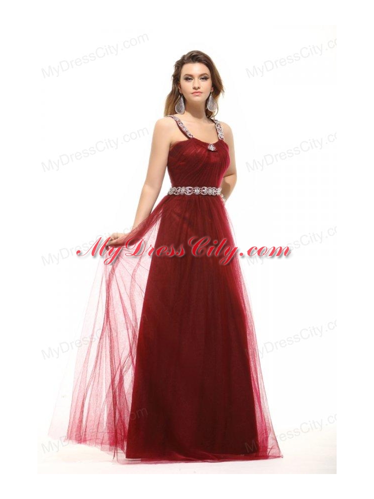 Inexpensive Empire Square Tulle 2014 Long Prom Dress with Beading