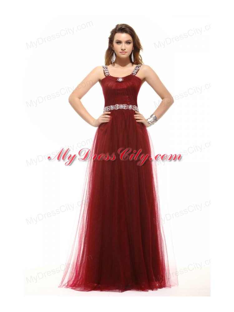 Inexpensive Empire Square Tulle 2014 Long Prom Dress with Beading