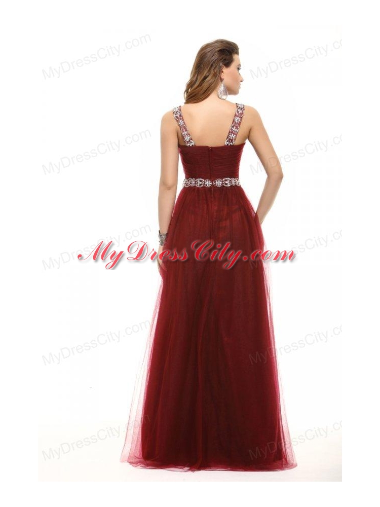 Inexpensive Empire Square Tulle 2014 Long Prom Dress with Beading