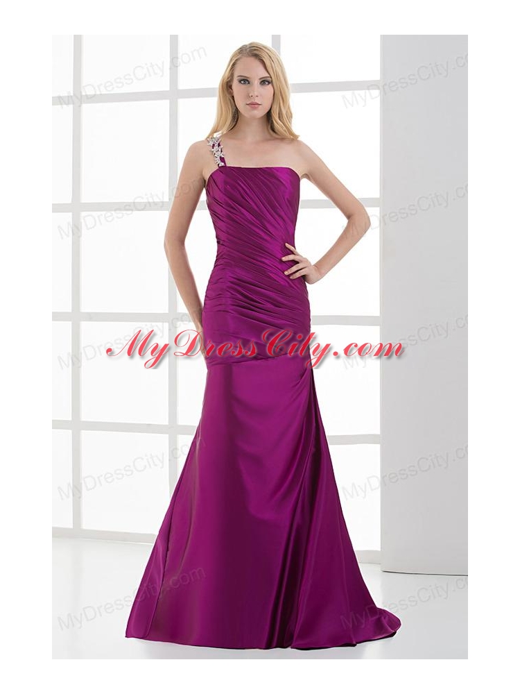 Mermaid Fuchsia One Shoulder Brush Train Beading Taffeta Ruching Prom Dress