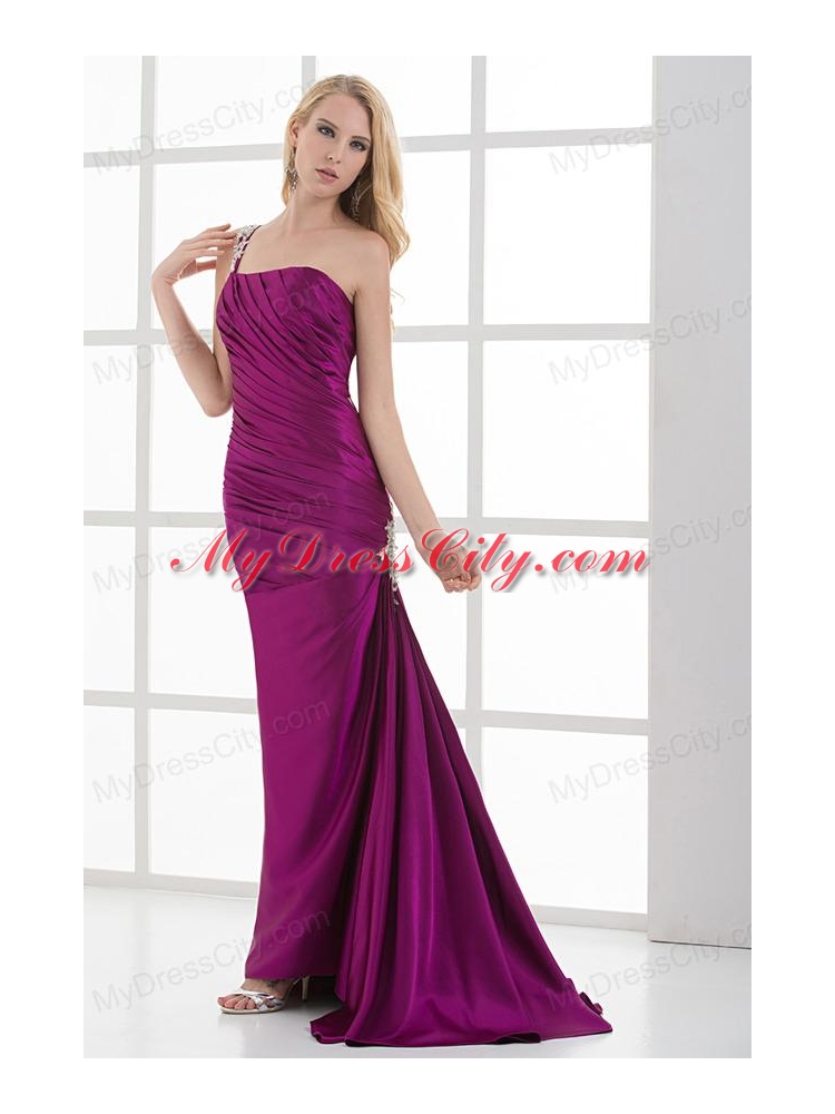 Mermaid Fuchsia One Shoulder Brush Train Beading Taffeta Ruching Prom Dress