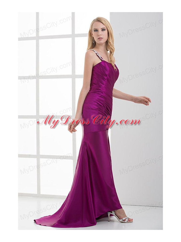 Mermaid Fuchsia One Shoulder Brush Train Beading Taffeta Ruching Prom Dress