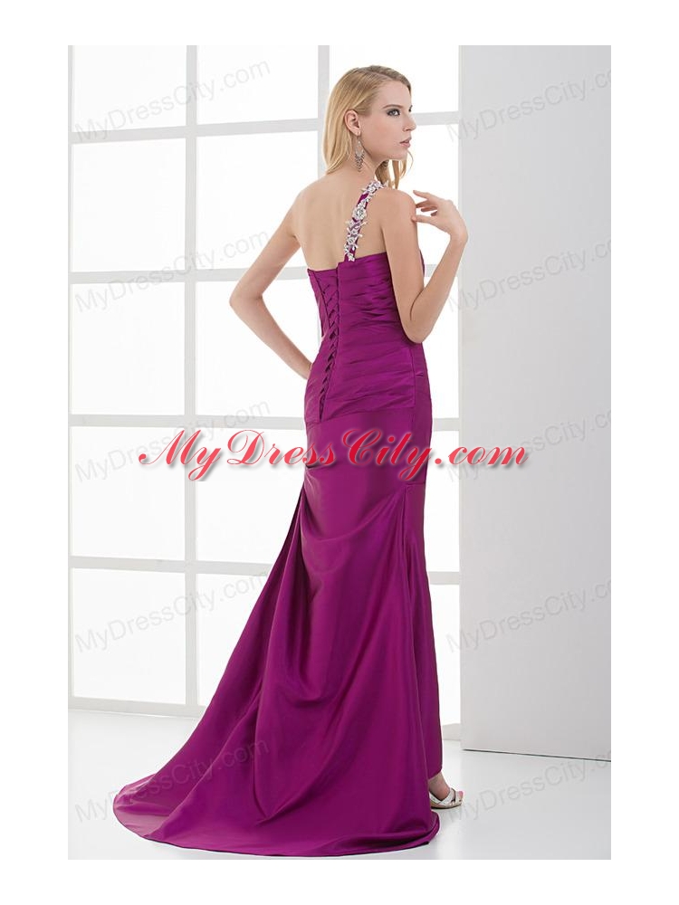 Mermaid Fuchsia One Shoulder Brush Train Beading Taffeta Ruching Prom Dress