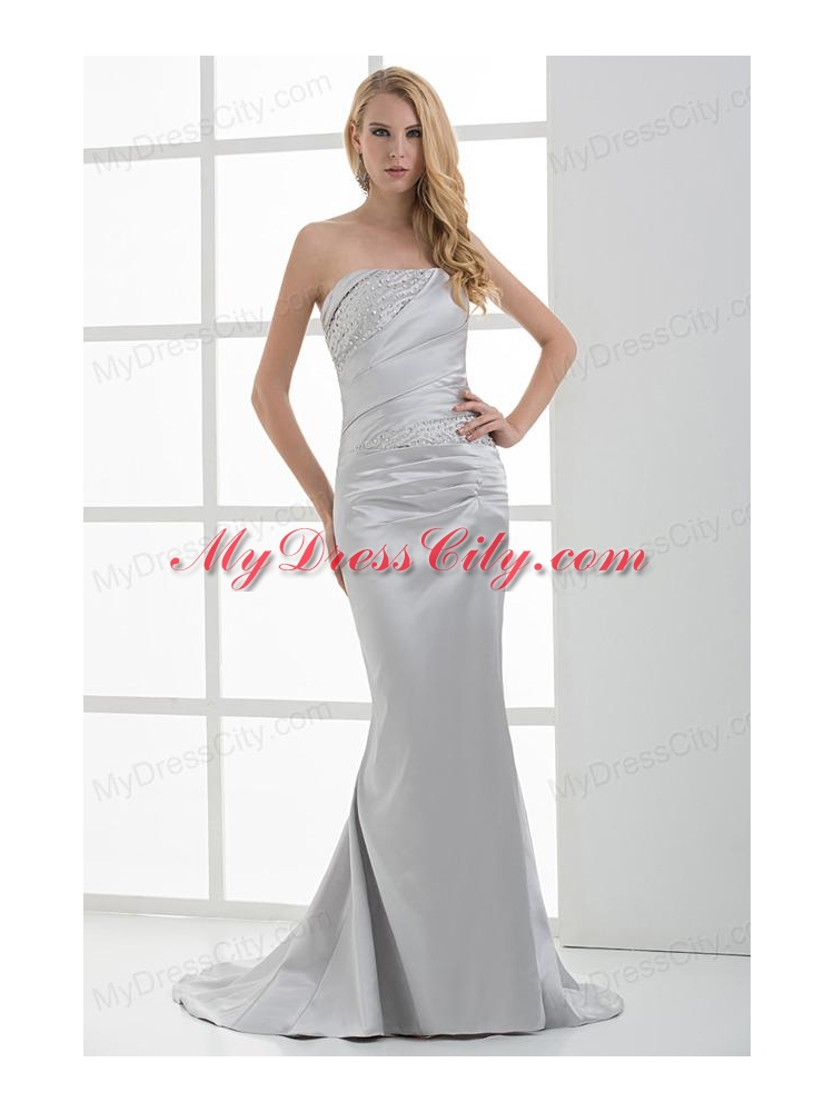 Mermaid Strapless Beading and Ruching Brush Train White Prom Dress