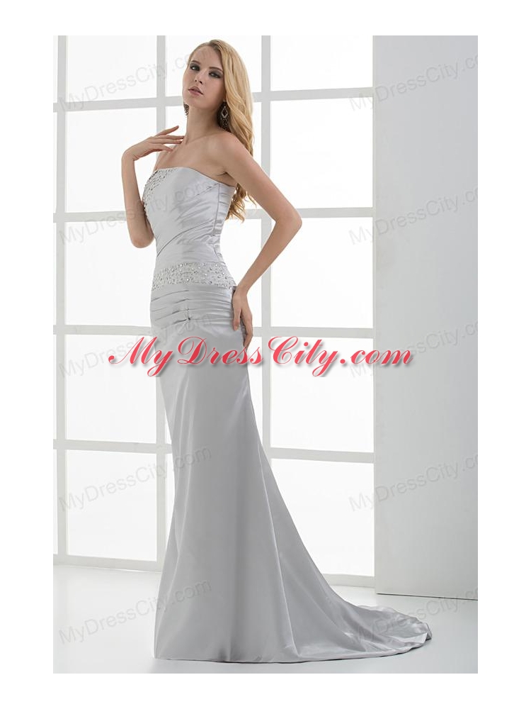 Mermaid Strapless Beading and Ruching Brush Train White Prom Dress