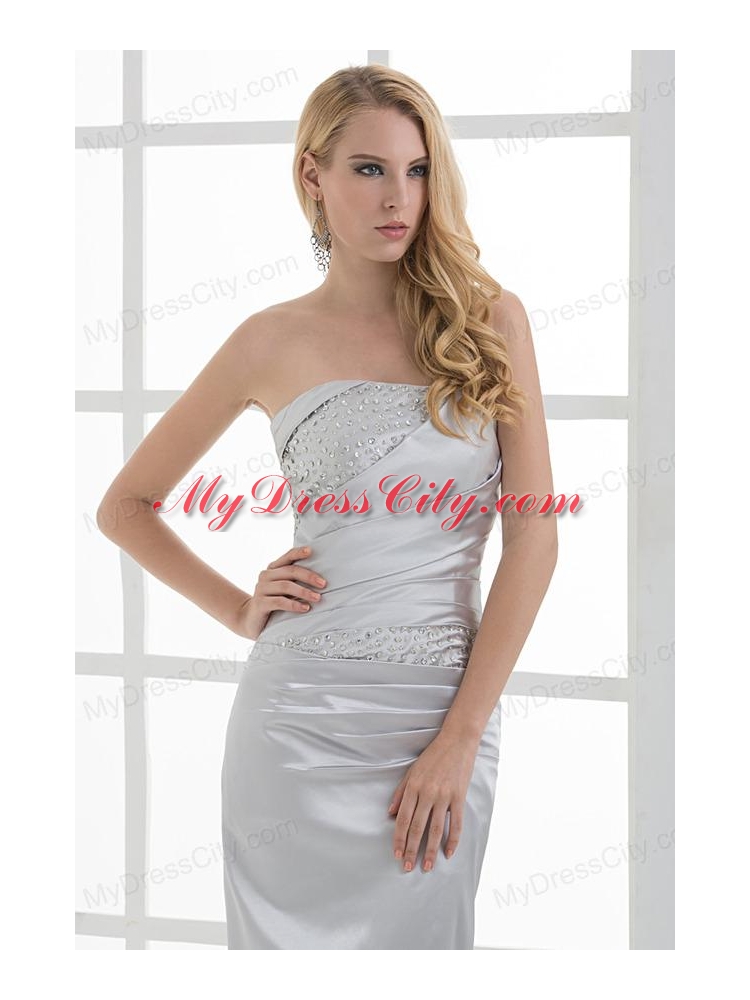 Mermaid Strapless Beading and Ruching Brush Train White Prom Dress