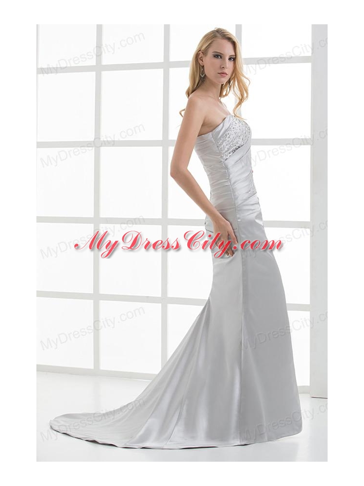 Mermaid Strapless Beading and Ruching Brush Train White Prom Dress