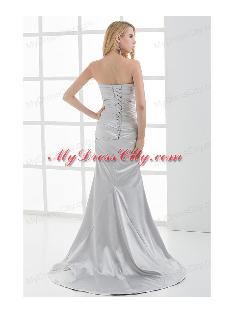 Mermaid Strapless Beading and Ruching Brush Train White Prom Dress