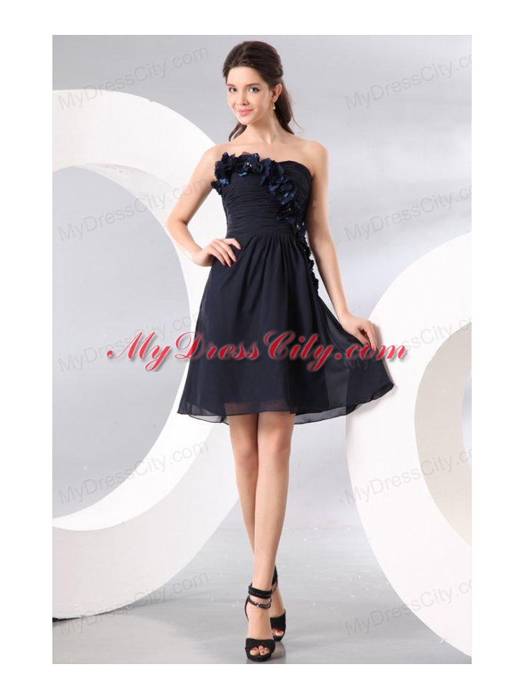 Navy Blue Strapless Hand Made Flowers Prom Dress for 2014