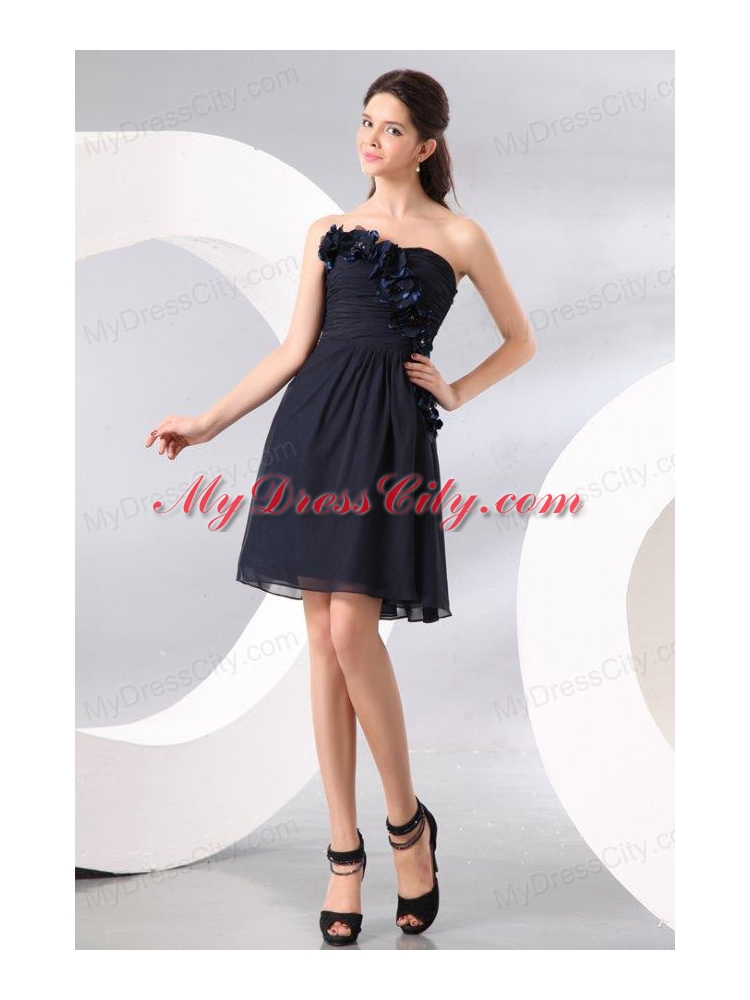 Navy Blue Strapless Hand Made Flowers Prom Dress for 2014