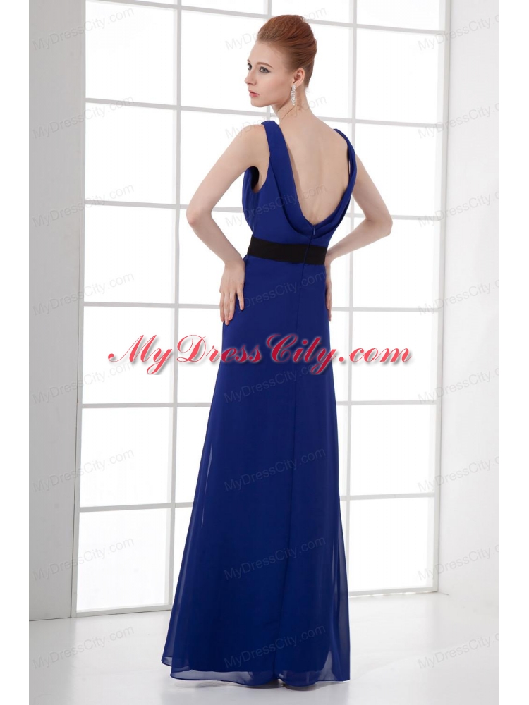 Peacock Blue Empire Bateau Floor-length Backless Prom Dress