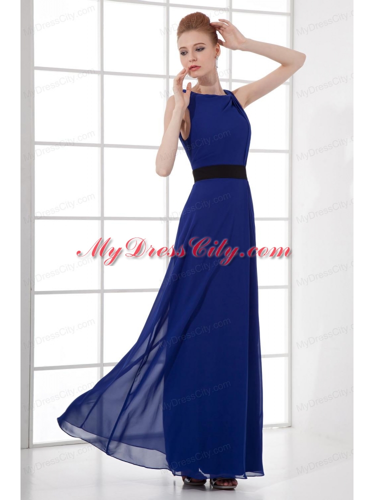 Peacock Blue Empire Bateau Floor-length Backless Prom Dress