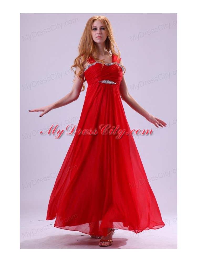 Red Empire Beading Straps Ankle-length Chiffon Prom Dress