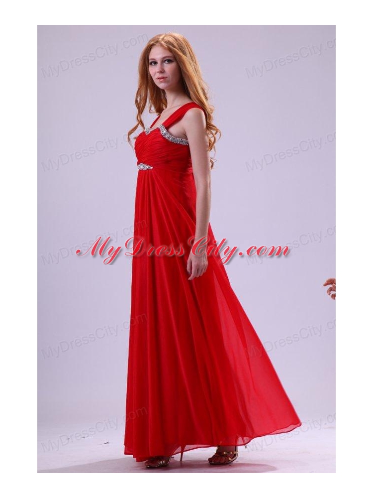 Red Empire Beading Straps Ankle-length Chiffon Prom Dress