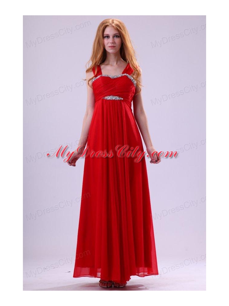 Red Empire Beading Straps Ankle-length Chiffon Prom Dress