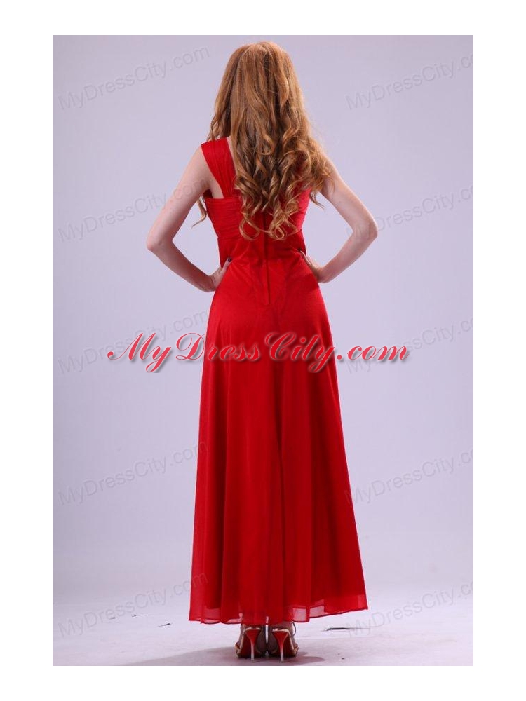 Red Empire Beading Straps Ankle-length Chiffon Prom Dress