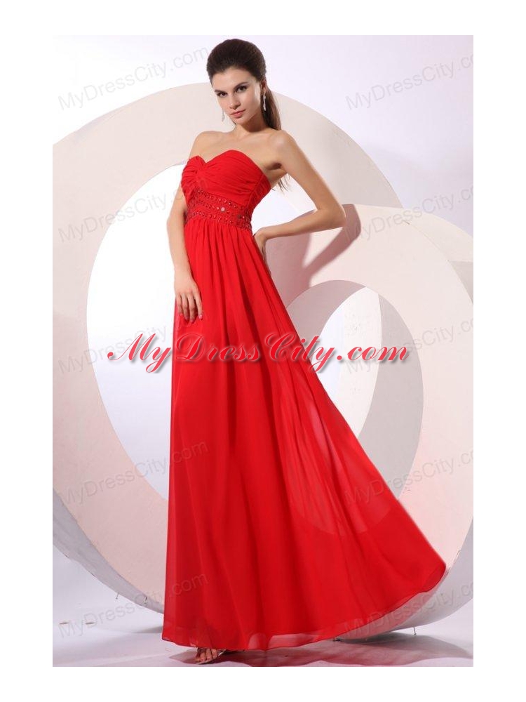 Red Empire Sweetheart Floor-length Beading Chiffon Prom Dress