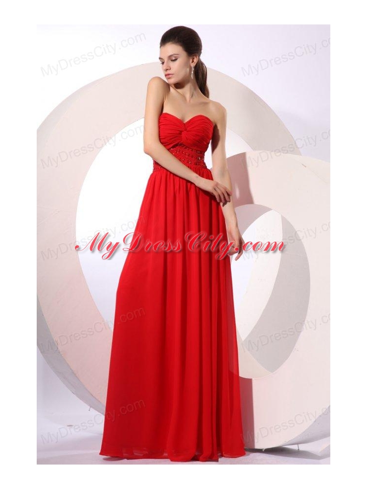 Red Empire Sweetheart Floor-length Beading Chiffon Prom Dress