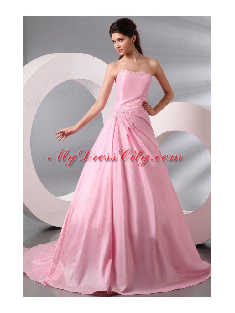 Rose Pink Strapless Ruching Brush Train Taffeta Prom Dress