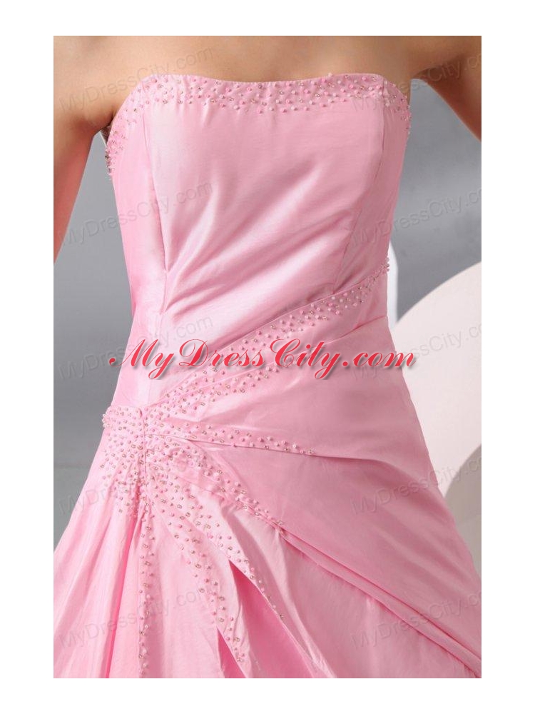 Rose Pink Strapless Ruching Brush Train Taffeta Prom Dress