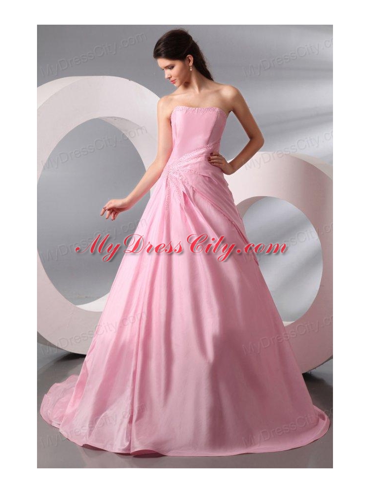 Rose Pink Strapless Ruching Brush Train Taffeta Prom Dress