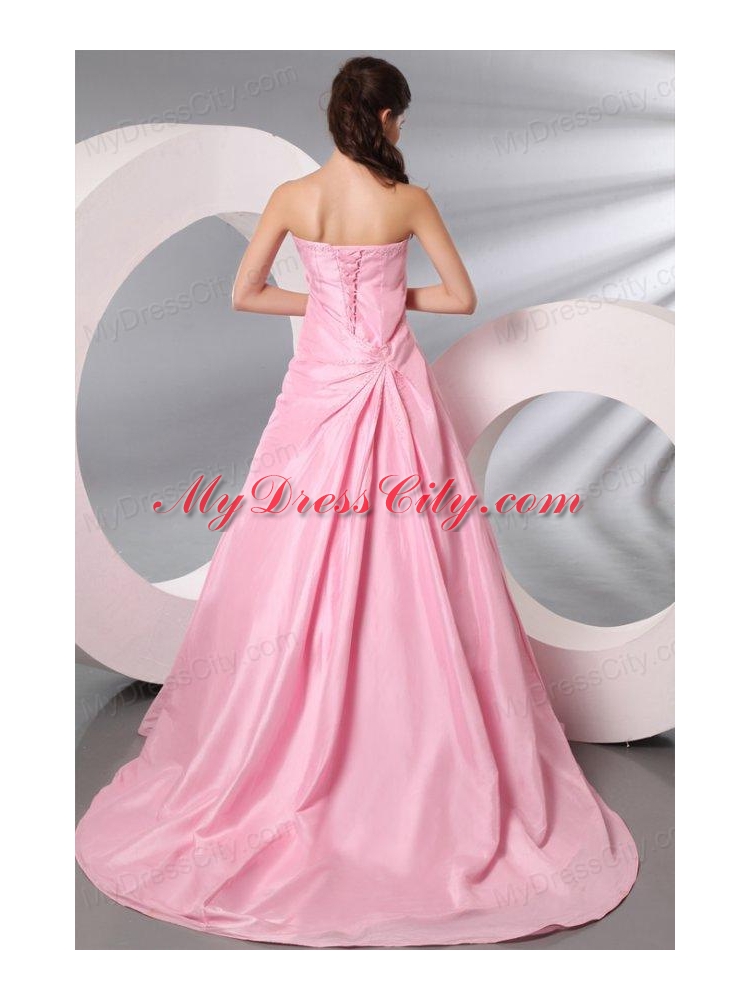 Rose Pink Strapless Ruching Brush Train Taffeta Prom Dress