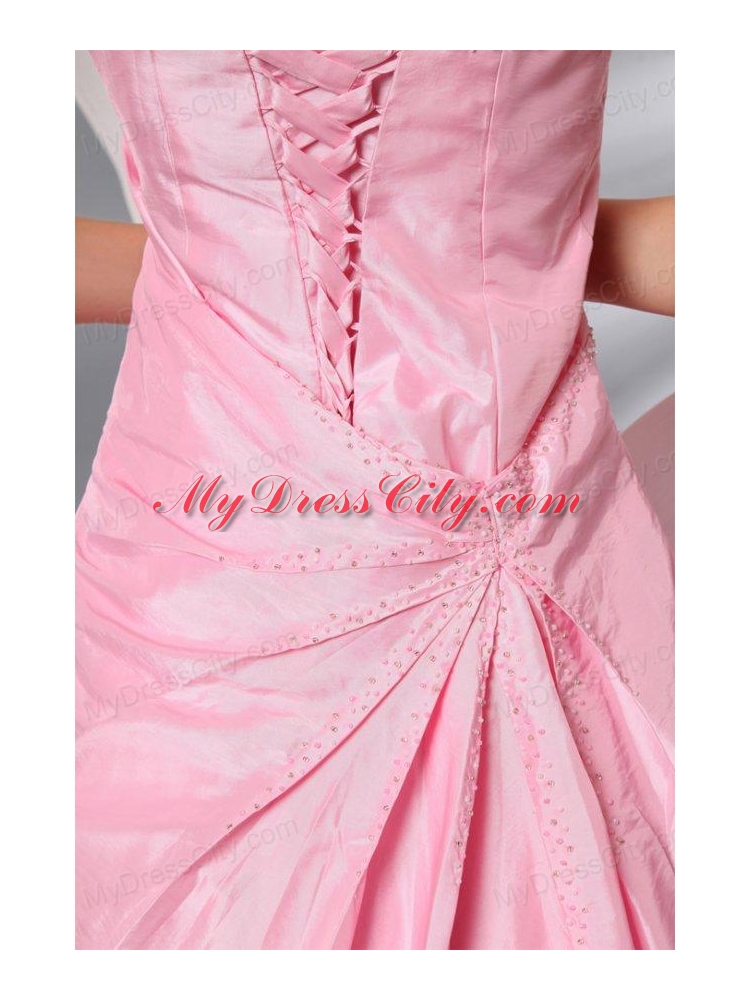 Rose Pink Strapless Ruching Brush Train Taffeta Prom Dress