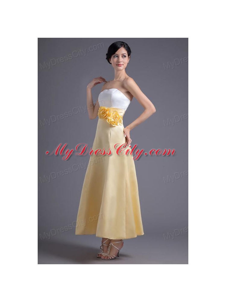 A-line Light Yellow Strapless Hand Made Flowers Ankle-length Prom Dress