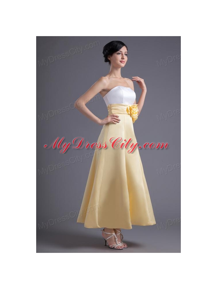 A-line Light Yellow Strapless Hand Made Flowers Ankle-length Prom Dress