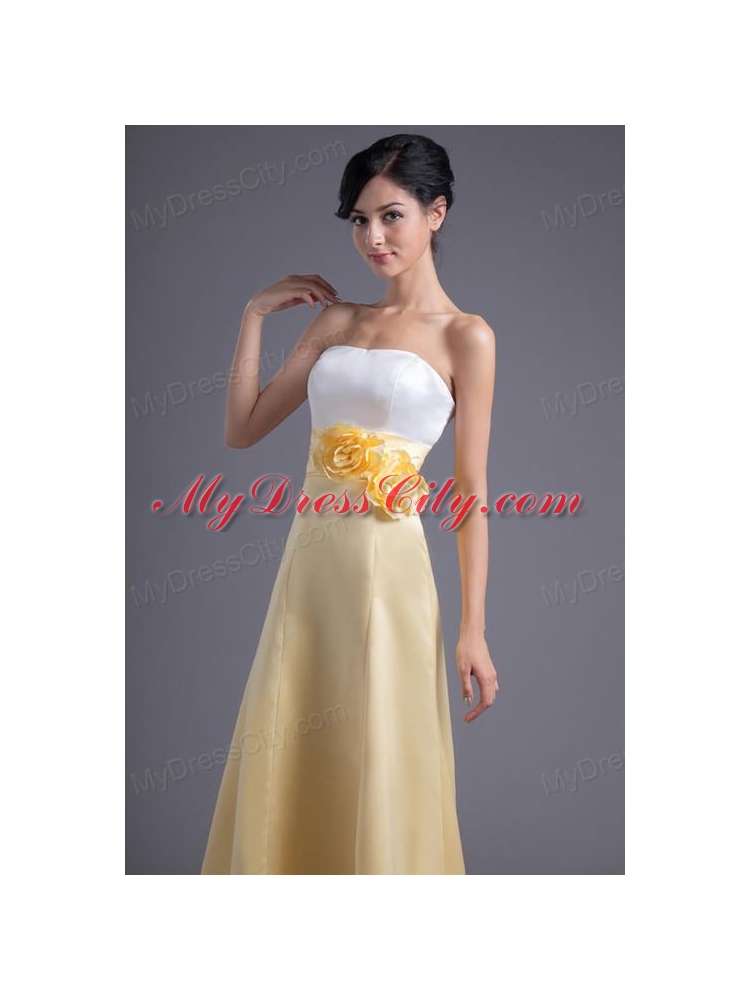 A-line Light Yellow Strapless Hand Made Flowers Ankle-length Prom Dress