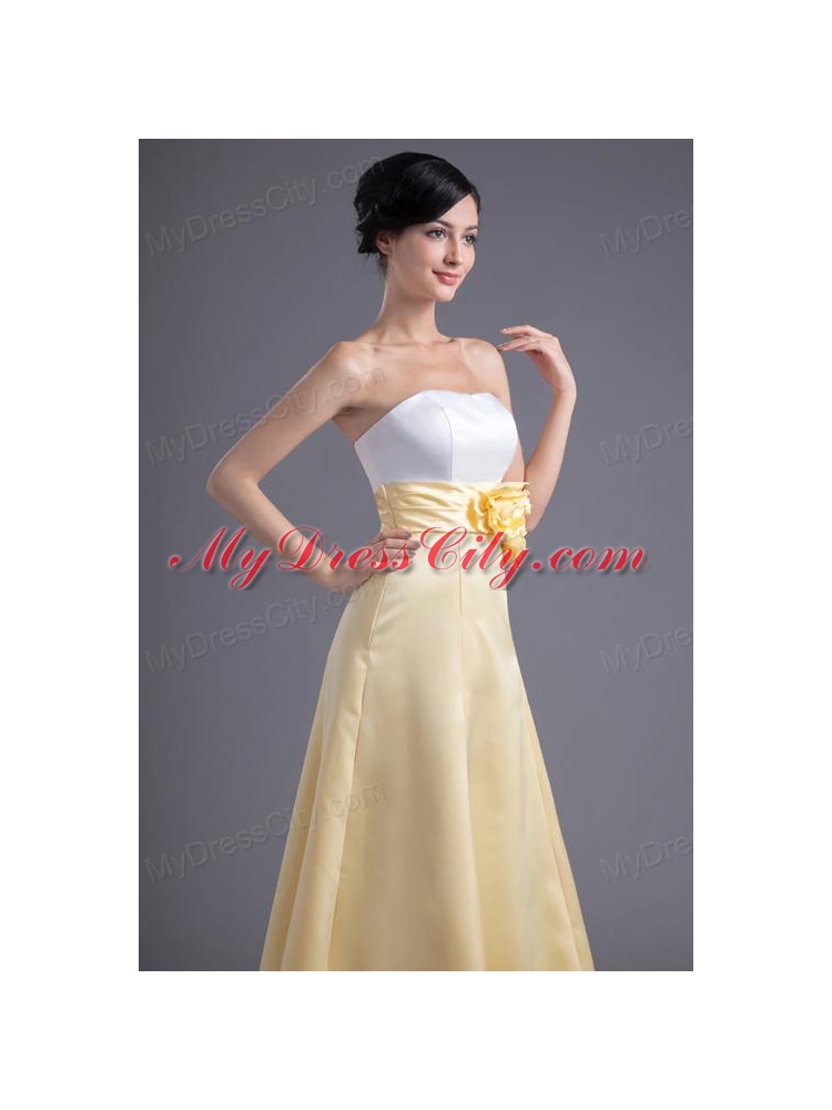 A-line Light Yellow Strapless Hand Made Flowers Ankle-length Prom Dress