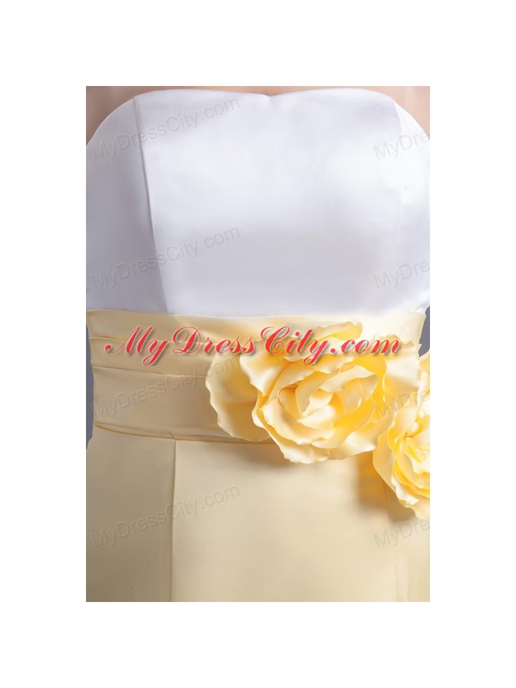 A-line Light Yellow Strapless Hand Made Flowers Ankle-length Prom Dress