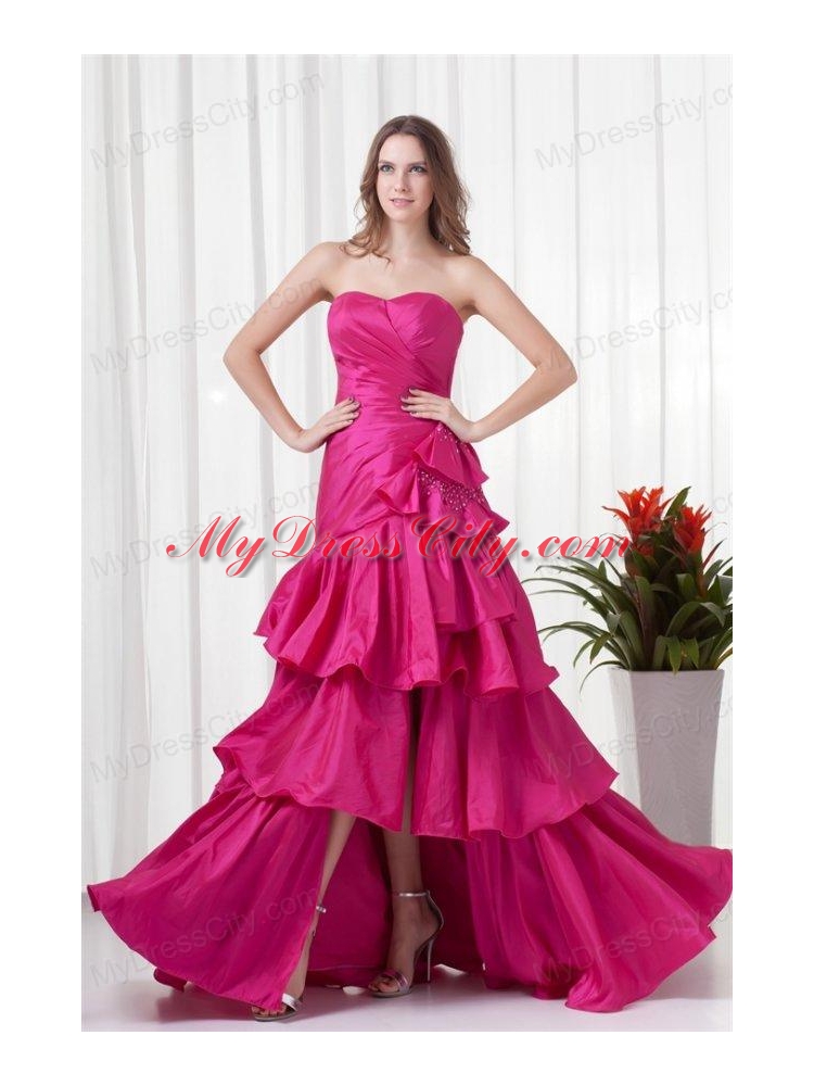 A-line Sweetheart Fuchsia High Low Ruching Bowknot Taffeta Prom Dress