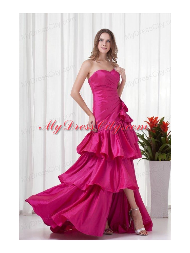 A-line Sweetheart Fuchsia High Low Ruching Bowknot Taffeta Prom Dress