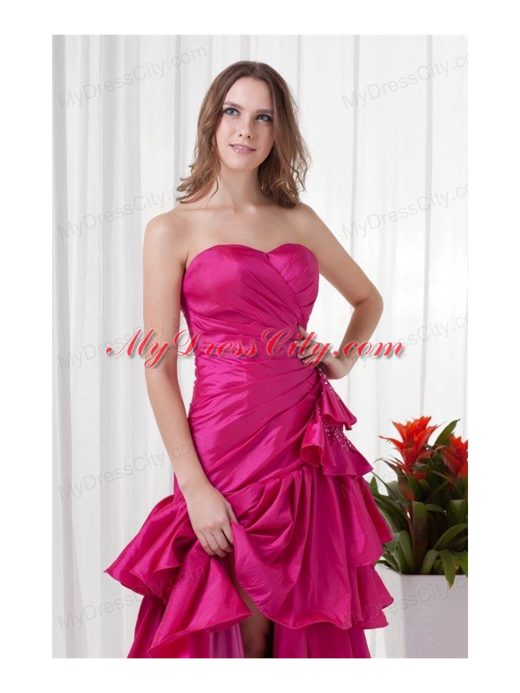 A-line Sweetheart Fuchsia High Low Ruching Bowknot Taffeta Prom Dress