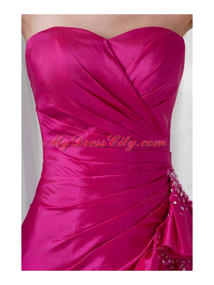 A-line Sweetheart Fuchsia High Low Ruching Bowknot Taffeta Prom Dress