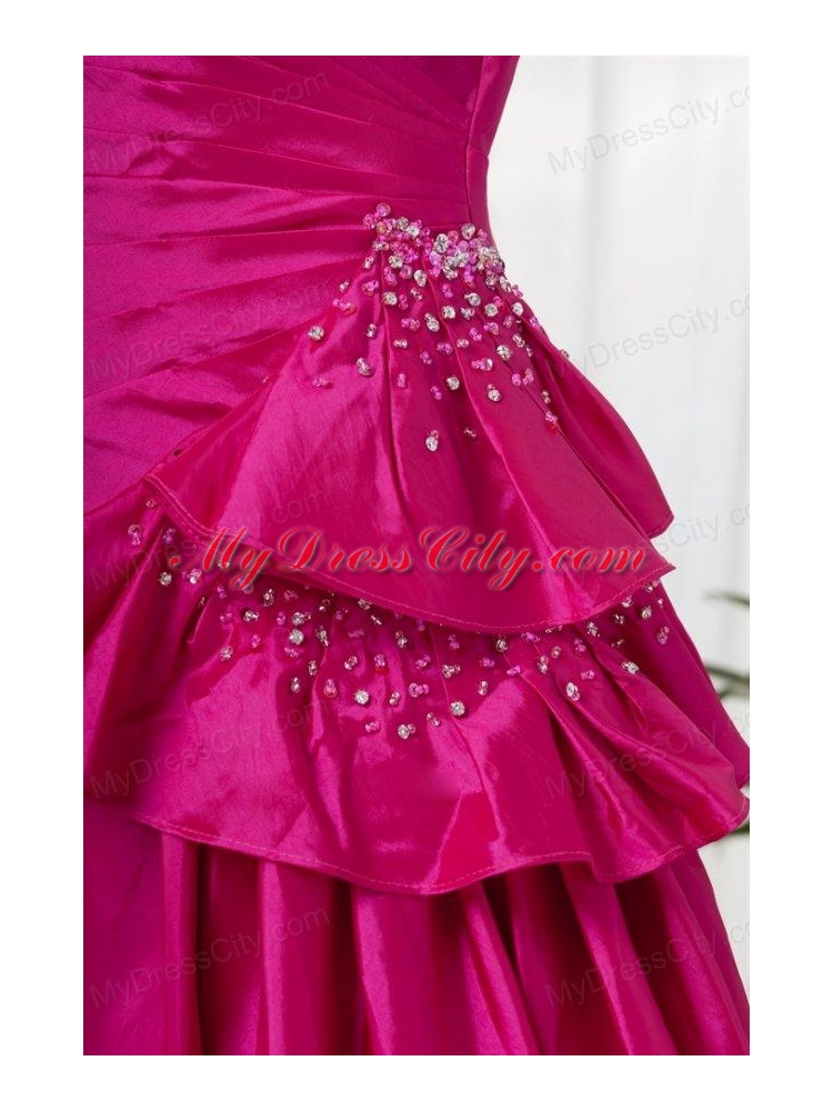 A-line Sweetheart Fuchsia High Low Ruching Bowknot Taffeta Prom Dress