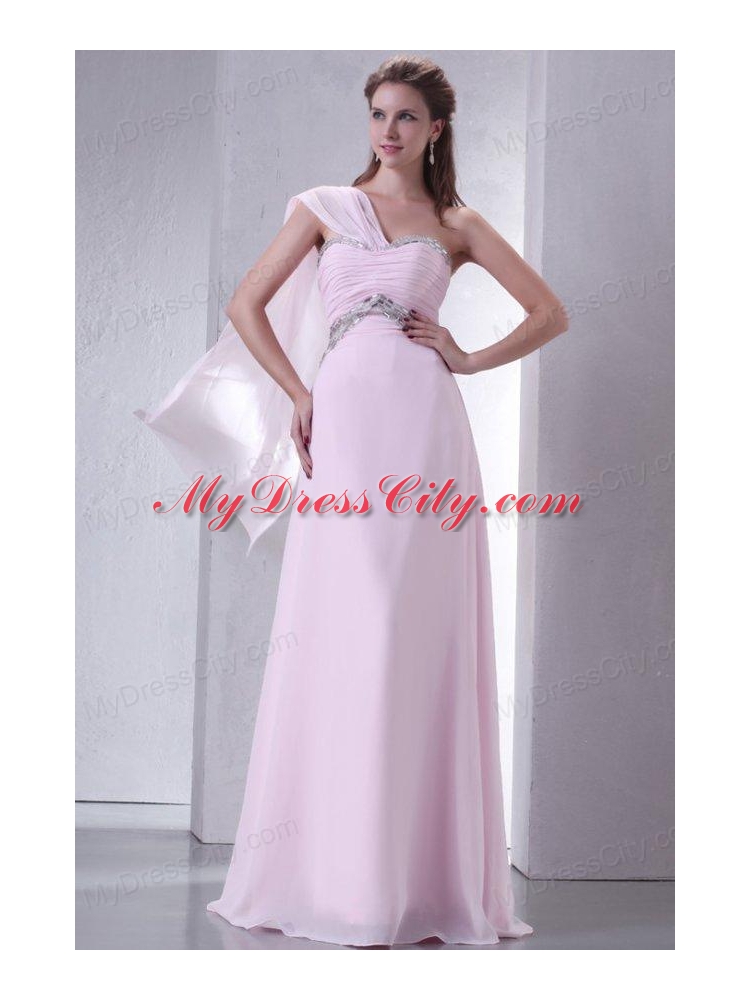 Baby Pink One Shoulder Beaded Decorate Chiffon Empire Prom Dress