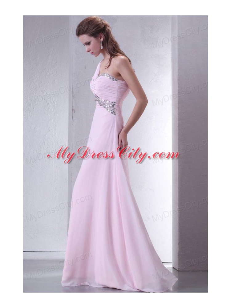 Baby Pink One Shoulder Beaded Decorate Chiffon Empire Prom Dress