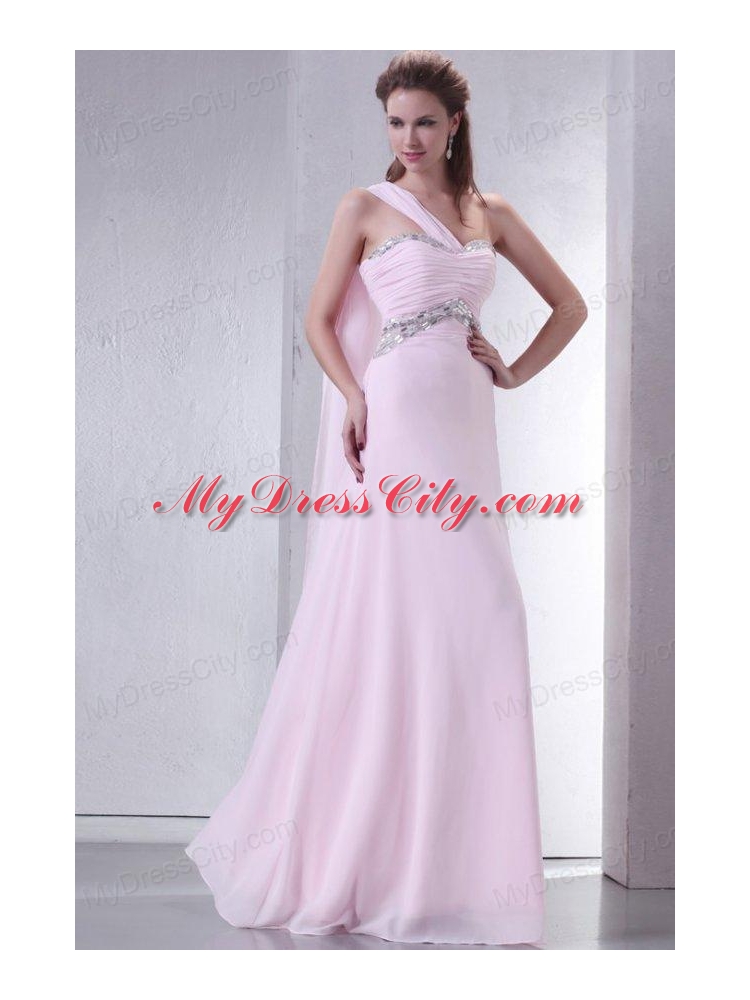 Baby Pink One Shoulder Beaded Decorate Chiffon Empire Prom Dress