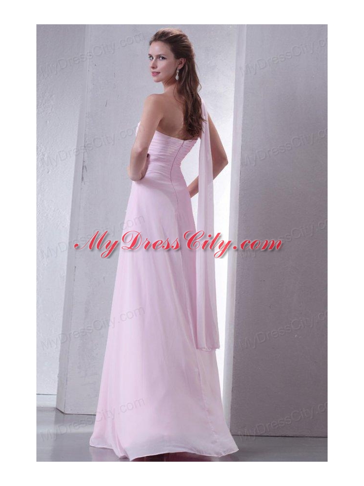 Baby Pink One Shoulder Beaded Decorate Chiffon Empire Prom Dress