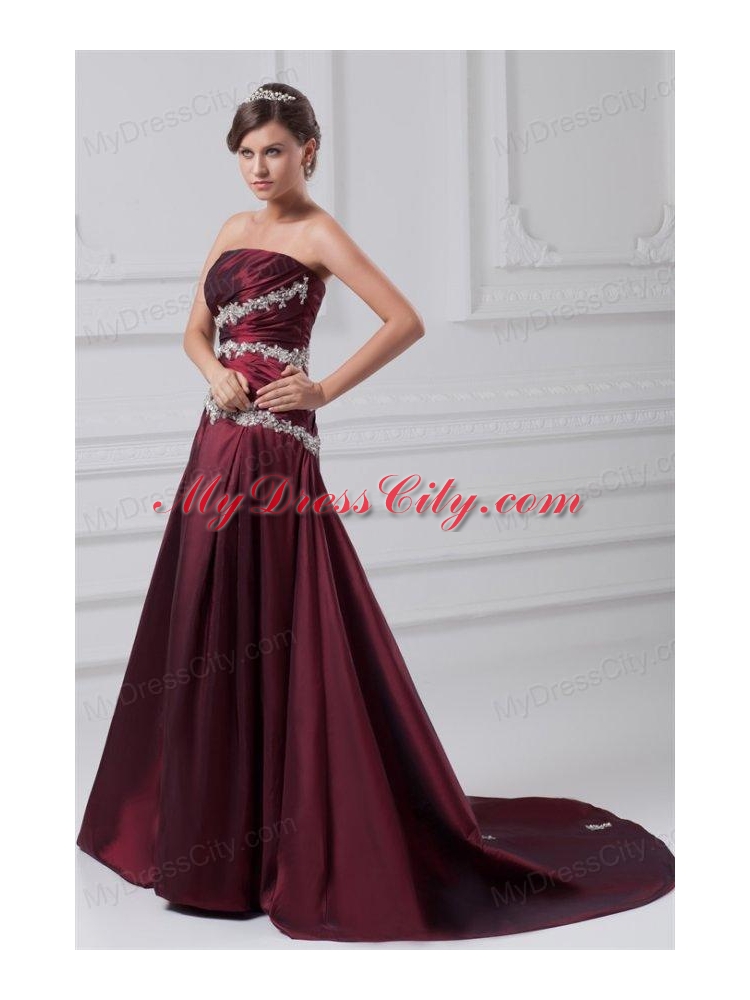 Burgundy A-line Prom Dress with Appliques Chapel Train